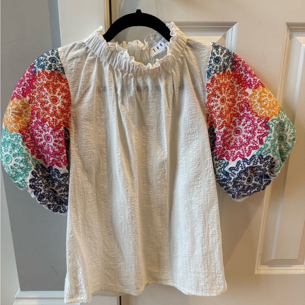 THML White Cotton Embroidered Bright Colors Flowers Ladies S Top Puffy Sleeves